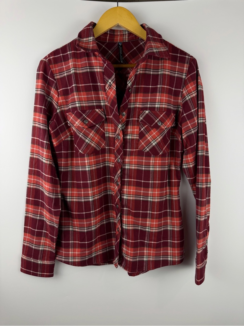 Kuhl Women’s Burgundy Plaid Snap Front Flannel Shirt Chest Pockets Sz S